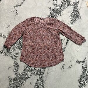 Max Studio Silk Blouse Womens Sz L Boho Peasant Abstract Print 100% Silk Top